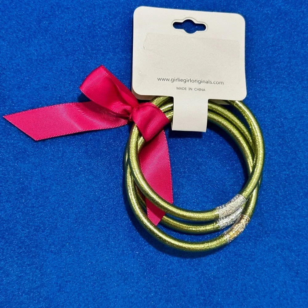 Girlie Girl Originals. 3 Glittery Green Bracelets with Pink Ribbon. (NWT)